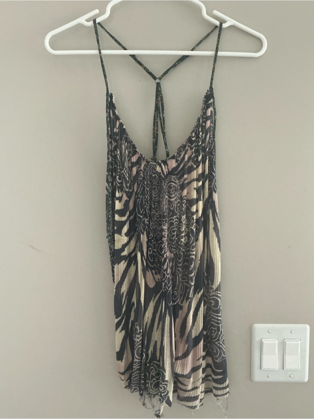 Free People Spaghetti Strap Pleated Tank Top - Blue & Beige
